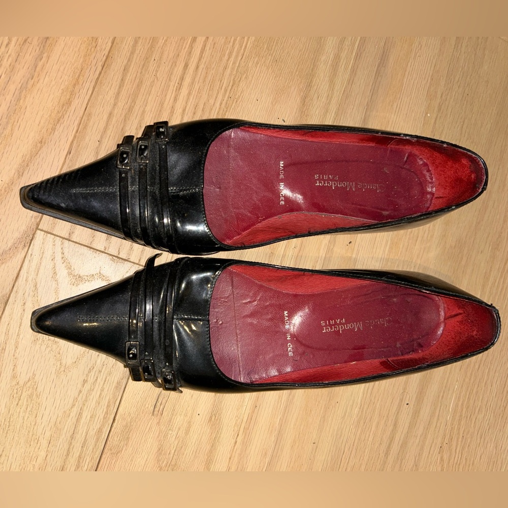 VINTAGE Chic Black Leather Pointed Flats with Belt Buckle Detail